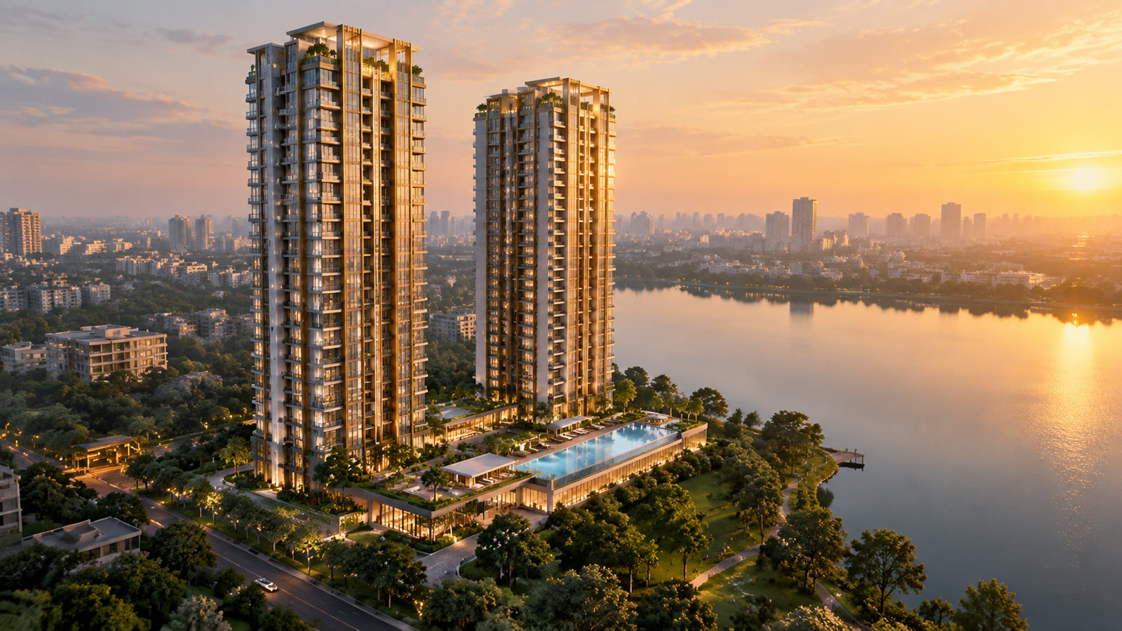 Meridian Lakeview towers at sunset